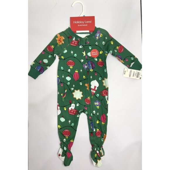 Holiday Lane Baby Christmas Footed Sleeper 3–6M Green Lights Ornaments Cotton - Picture 2 of 5